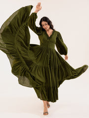 Olive Green Bishop Sleeve Tiered Maxi Dress