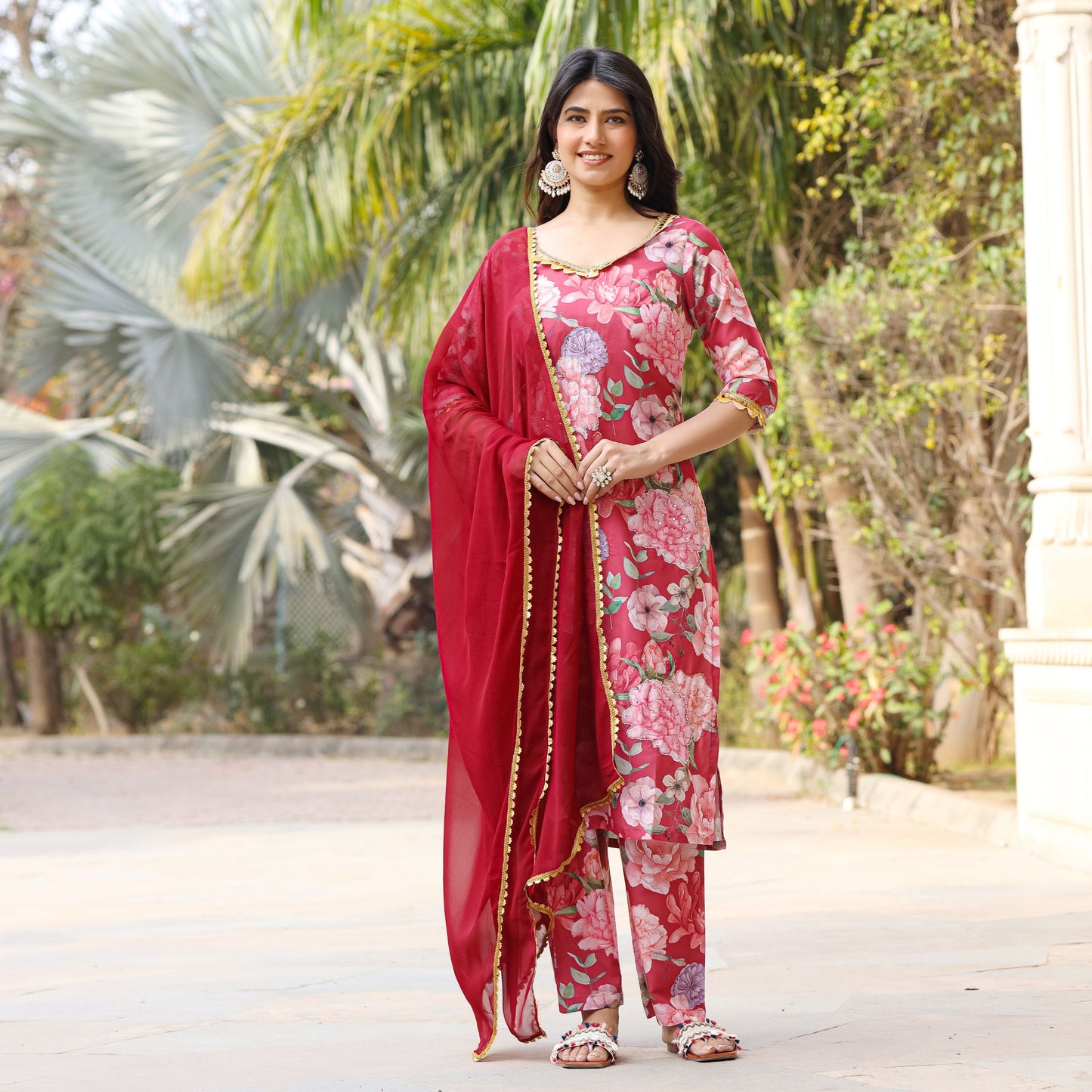 Coral Floral Maslin Hand Embroidered Suit Set