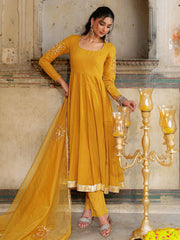 Musturd Chanderi Hand Sequins and Gota Work Anarkali Suit Set
