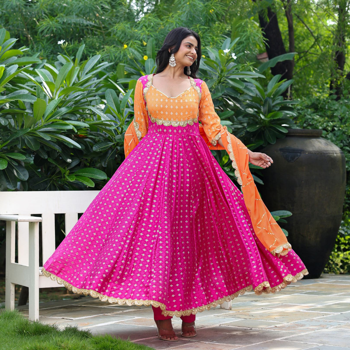 Pink Chanderi Jacquard Anarkali Suit Set