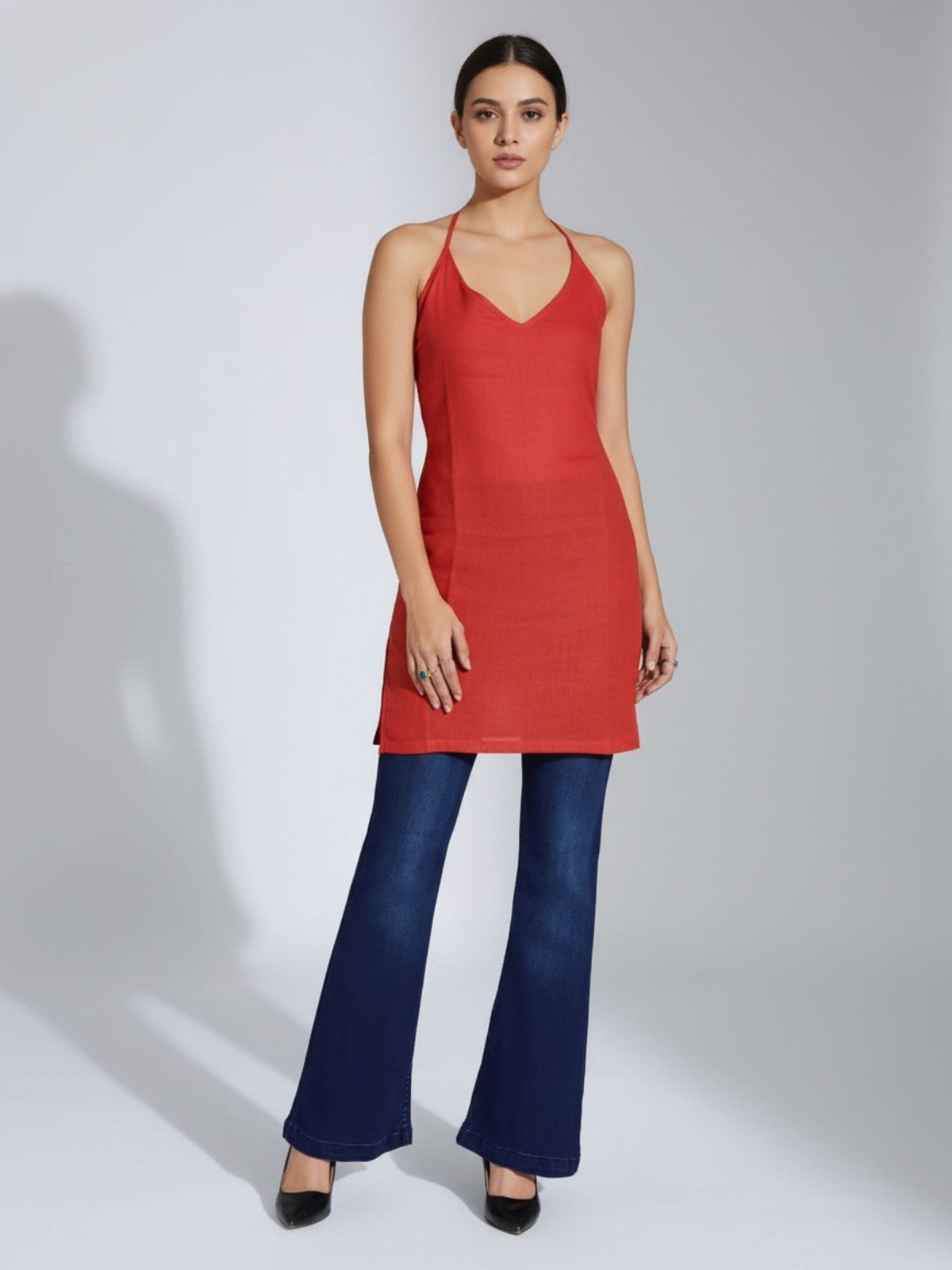 Red Pure Cotton Halter Neck Kurti