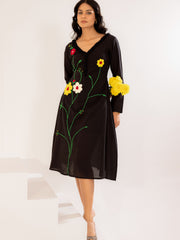 Black Floral Embroidered Cotton Midi Dress