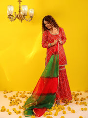 Red Bandhani Sequin Lace Work Sharara Set