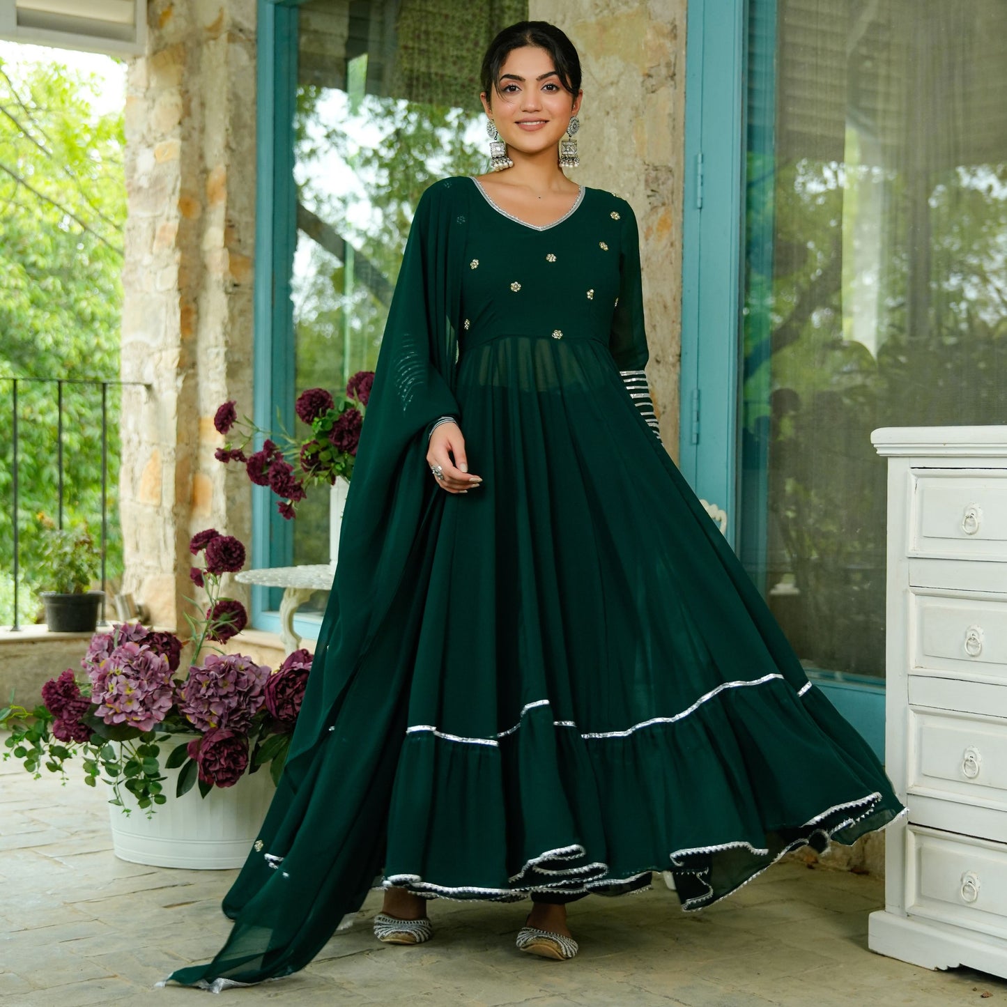 Teej Green Aari Work Anarkali Suit Set