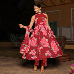 Red Floral Printed Georgette Anarkali suit set