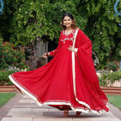 Red Zardozi Work Georgette Anarkali Suit Set