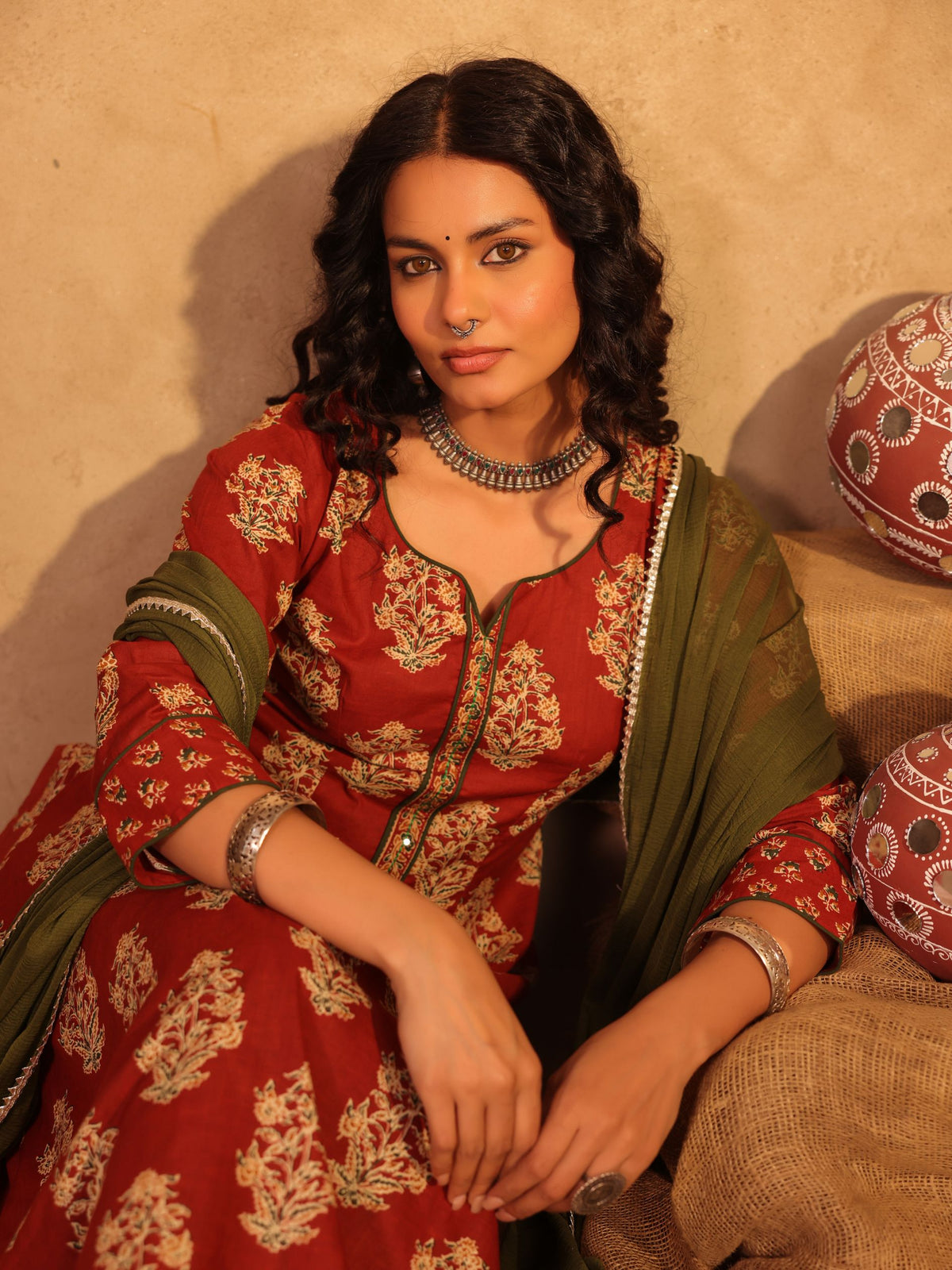 Rust Red Floral Boota Print Cotton A-Line Kurta Set