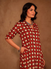 Red & Cream Geometric Star Print Cotton A-Line Kurta Set