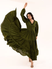 Olive Green Bishop Sleeve Tiered Maxi Dress