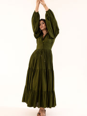 Olive Green Bishop Sleeve Tiered Maxi Dress