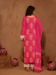 Pink Hand Block Print Cotton Suit Set with Mul Dupatta