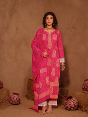 Pink Hand Block Print Cotton Suit Set with Mul Dupatta