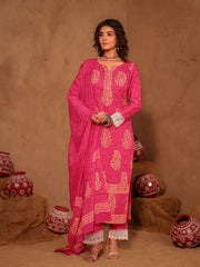 Pink Hand Block Print Cotton Suit Set with Mul Dupatta