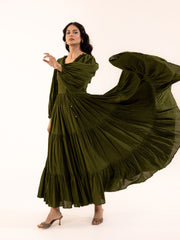 Olive Green Bishop Sleeve Tiered Maxi Dress