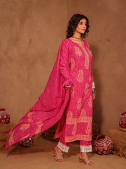 Pink Hand Block Print Cotton Suit Set with Mul Dupatta