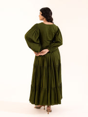 Olive Green Bishop Sleeve Tiered Maxi Dress