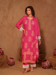 Pink Hand Block Print Cotton Suit Set with Mul Dupatta