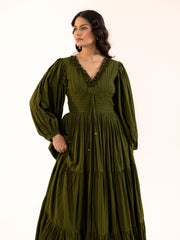 Olive Green Bishop Sleeve Tiered Maxi Dress