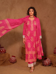 Pink Hand Block Print Cotton Suit Set with Mul Dupatta
