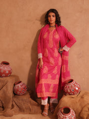 Pink Hand Block Print Cotton Suit Set with Mul Dupatta