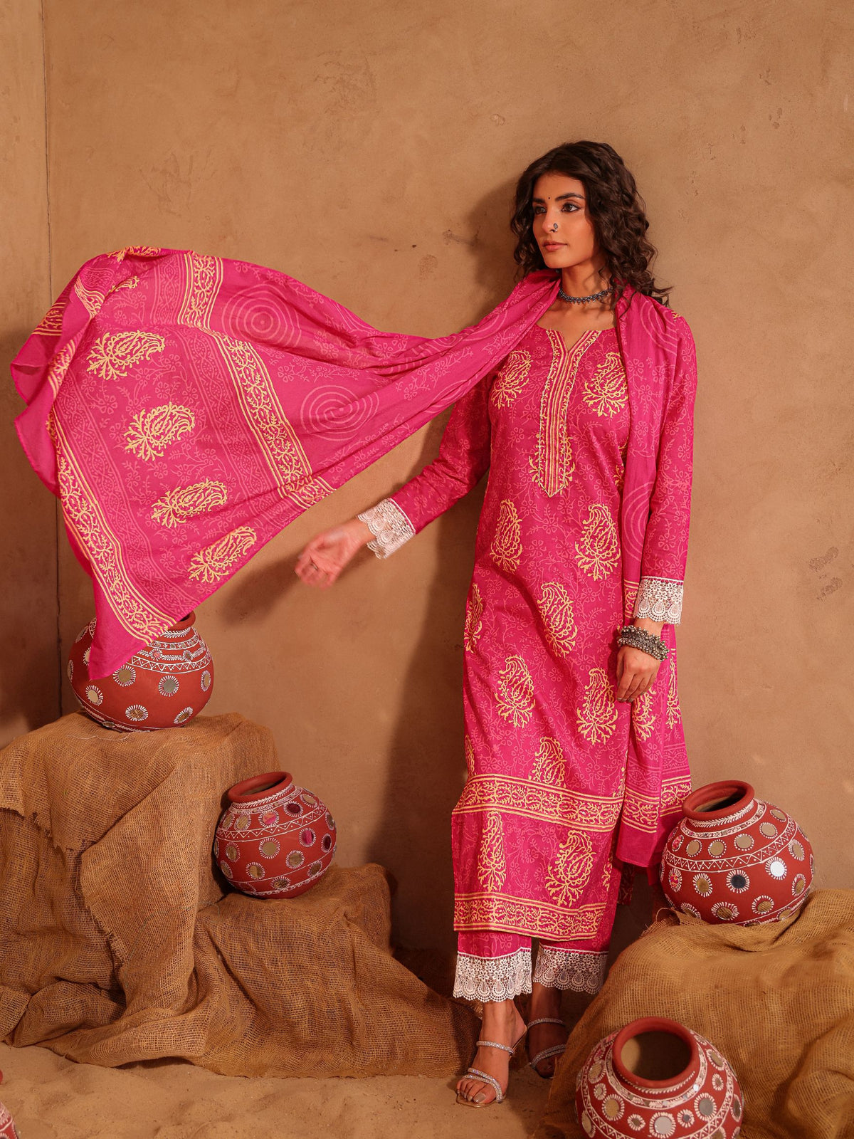 Pink Hand Block Print Cotton Suit Set with Mul Dupatta