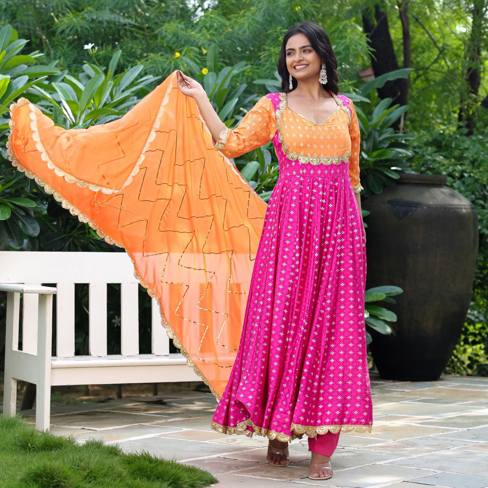 Pink Chanderi Jacquard Anarkali Suit Set