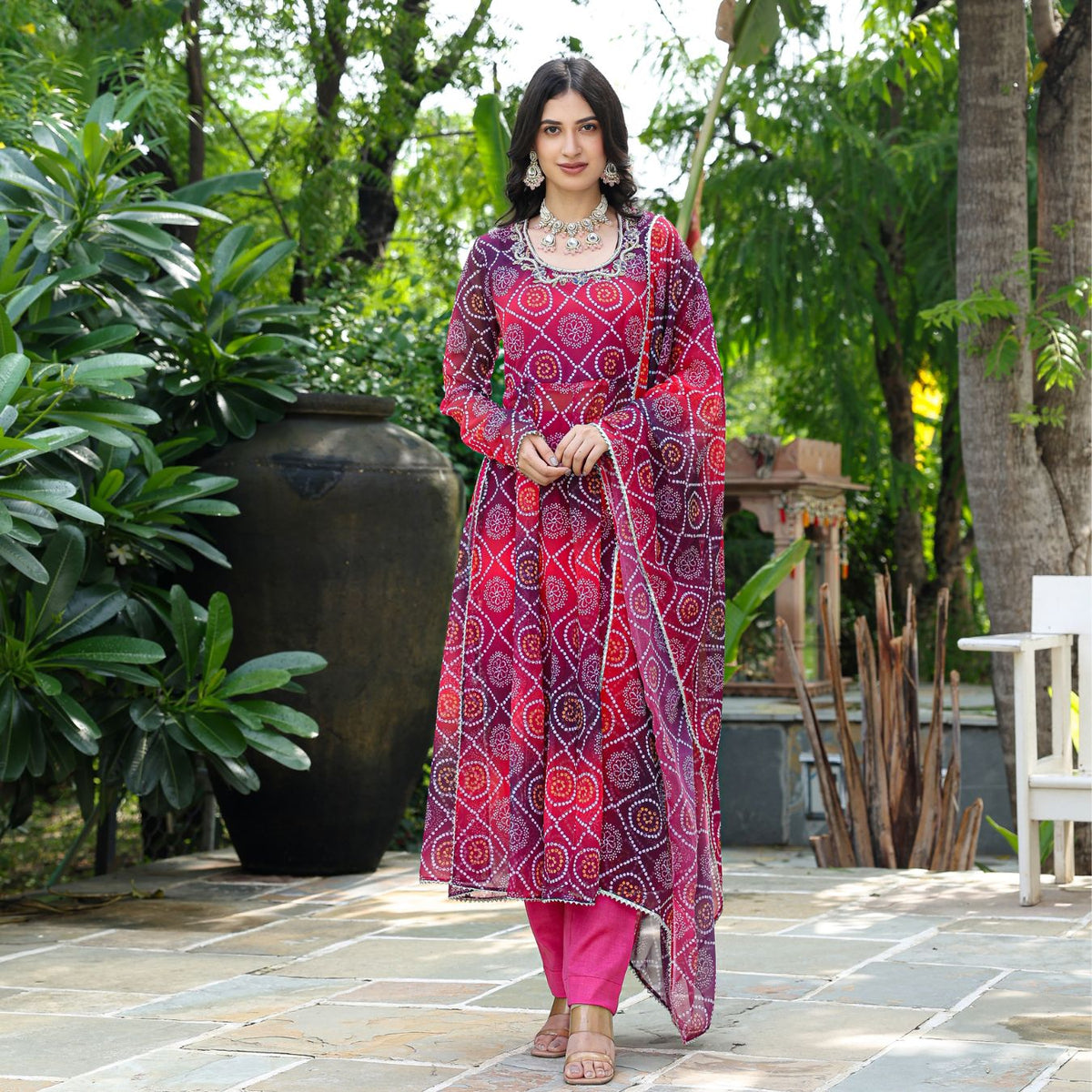 Pink Ombre Bandhani Hand Embroidered Suit Set