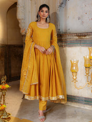 Musturd Chanderi Hand Sequins and Gota Work Anarkali Suit Set
