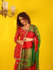 Red Bandhani Sequin Lace Work Sharara Set