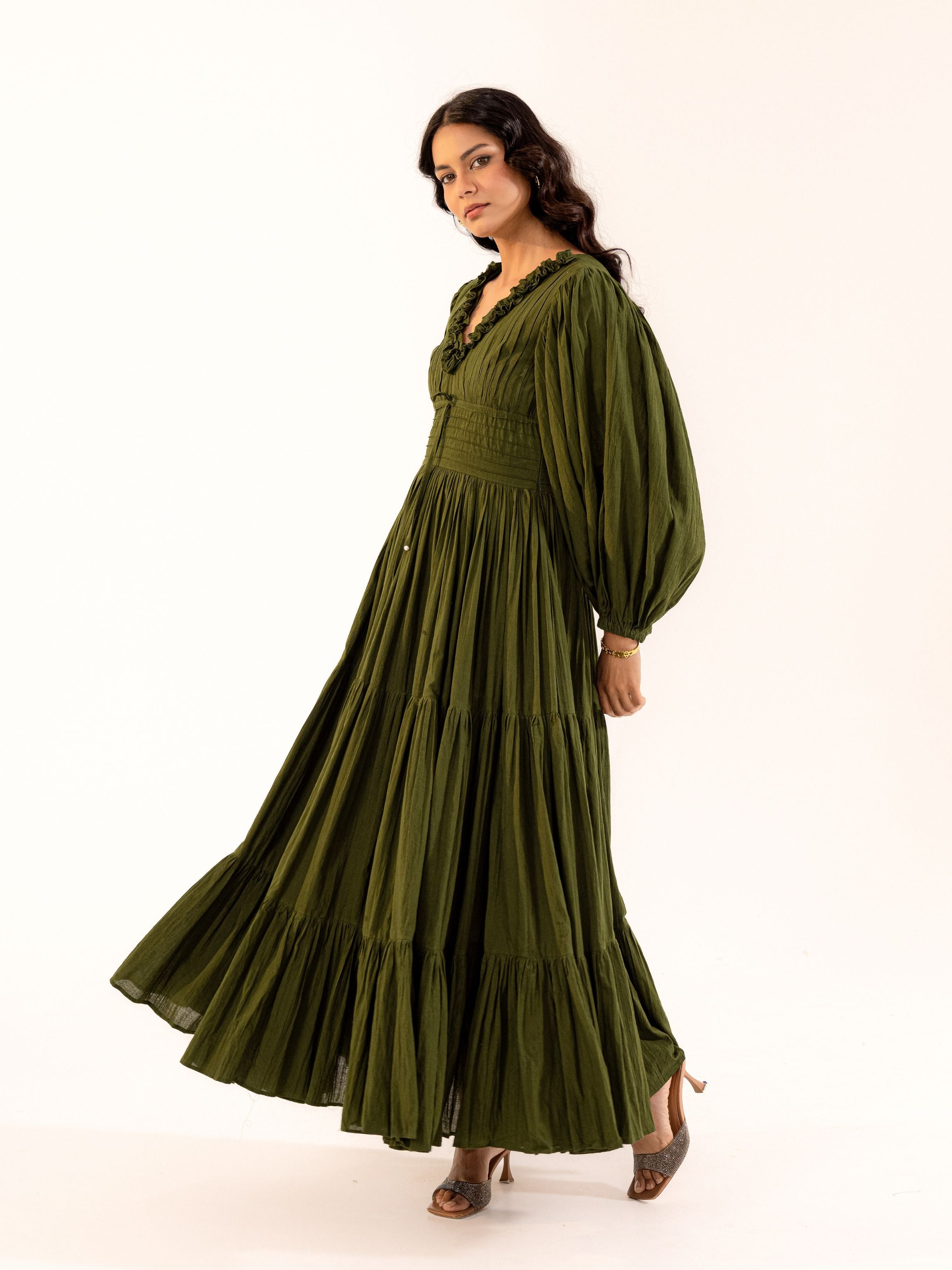 Olive Green Bishop Sleeve Designer Cotton Maxi Dress for Women | ASHEERA S Olive Green Bishop Sleeve Designer Cotton Maxi Dress for Women | ASHEERA S