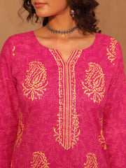 Pink Hand Block Print Cotton Suit Set with Mul Dupatta