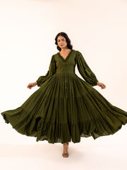 Olive Green Bishop Sleeve Tiered Maxi Dress