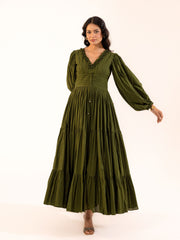 Olive Green Bishop Sleeve Tiered Maxi Dress