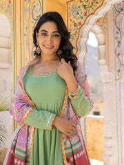 Asheera Green Mul Cotton Anarkali Suit Set