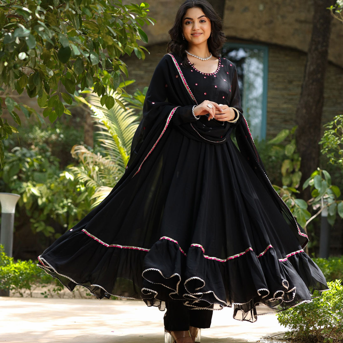black anarkali dress Women's With Embroidered Dupatta evening wear Chand Bali- Black Sequin &