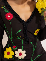 Black Floral Embroidered Cotton Midi Dress