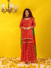 Red Bandhani Sequin Lace Work Sharara Set