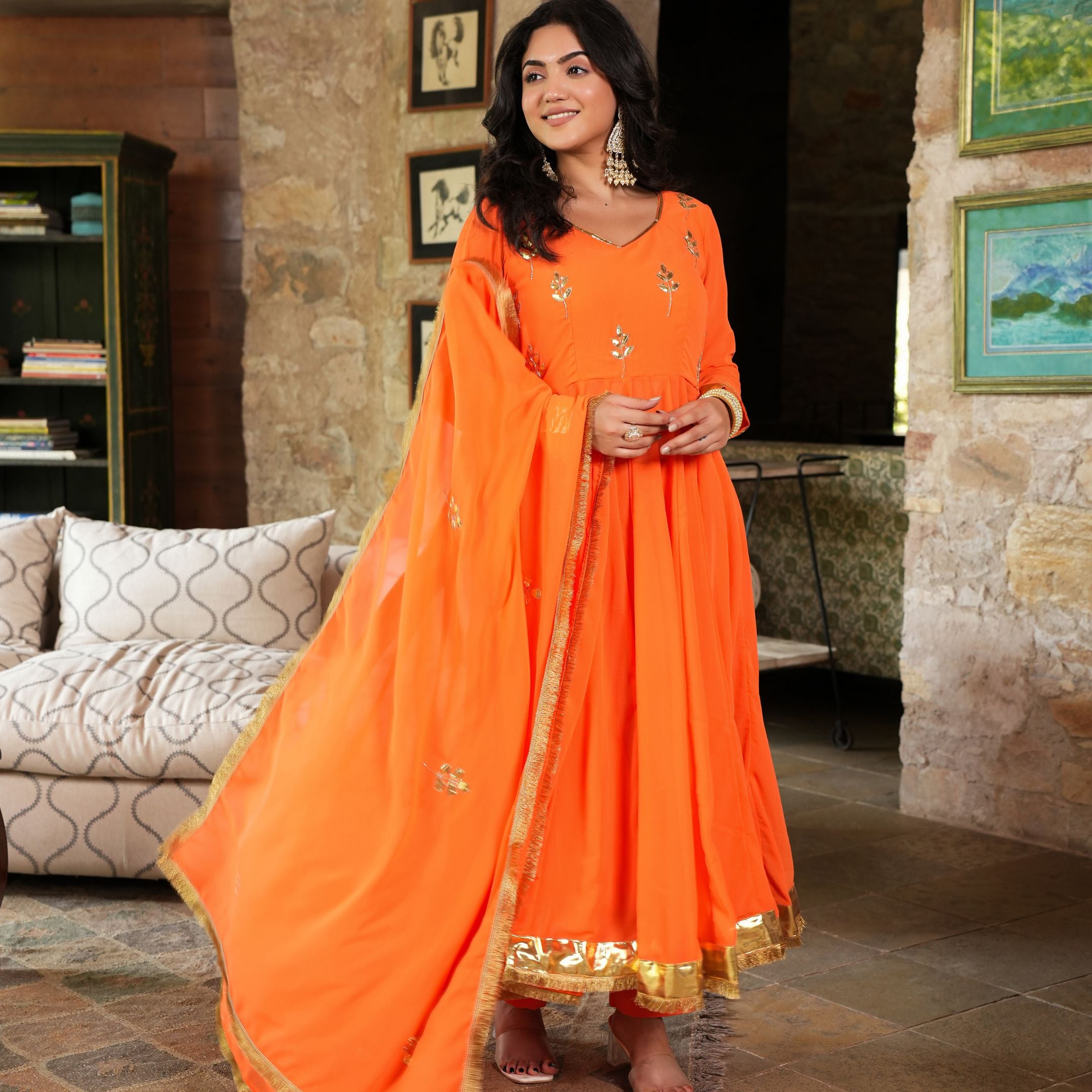 Asheera Georgette Orange Gota Hand Work Anarkali Suit Set