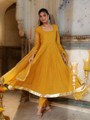 Musturd Chanderi Hand Sequins and Gota Work Anarkali Suit Set