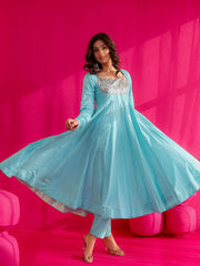 Falak Sky Blue Mirror Work Anarkali Suit Set