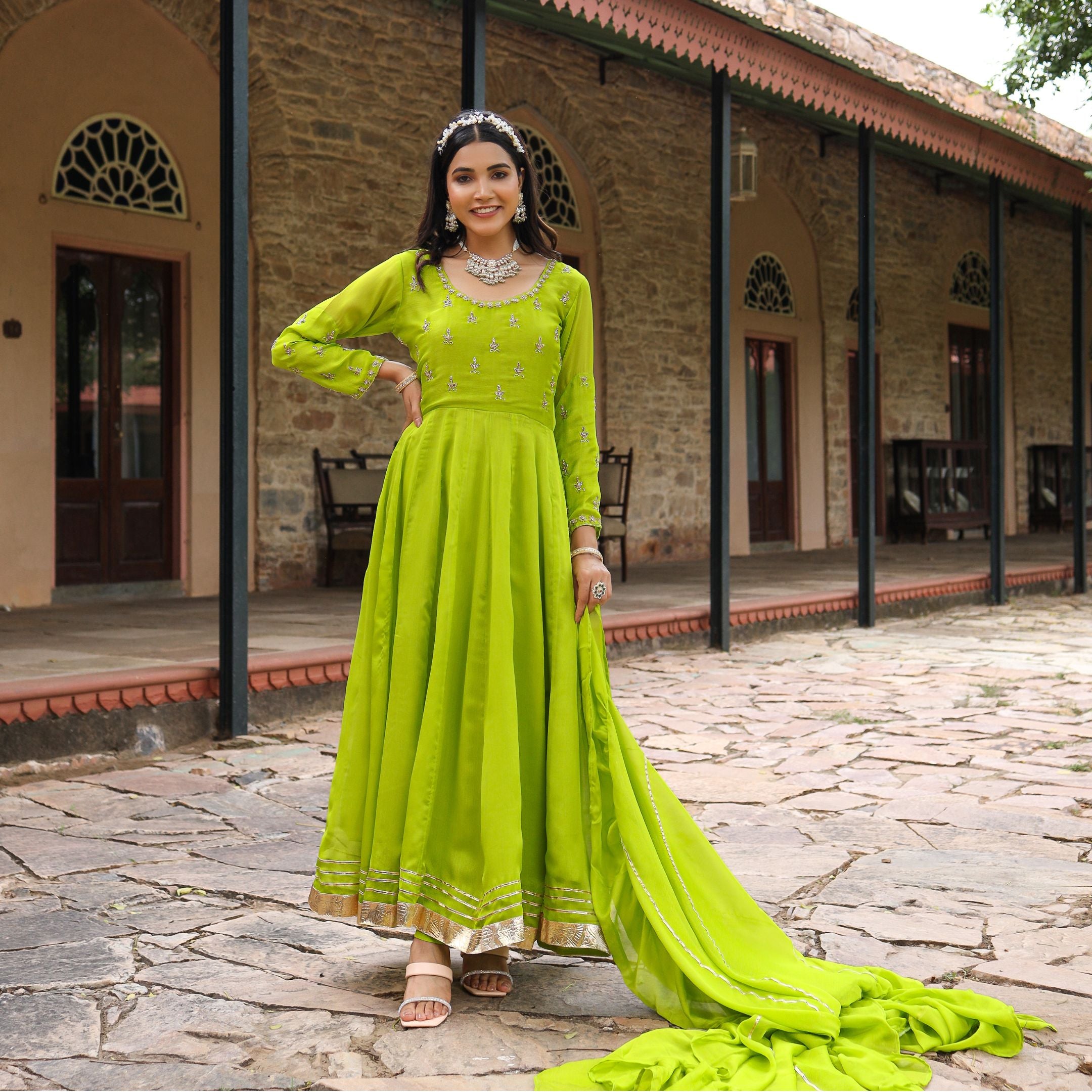parrot green anarkali dress Women's parrot green faux georgette sequins embroidered anarkali dress with dupatta