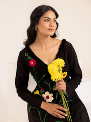 Black Floral Embroidered Cotton Midi Dress
