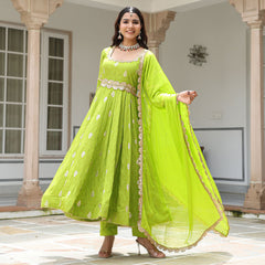 Green Chanderi Jacquard Anarkali Suit Set