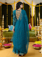 Teal Hand Embroidered Anarkali Suit Set
