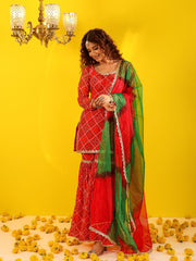 Red Bandhani Sequin Lace Work Sharara Set