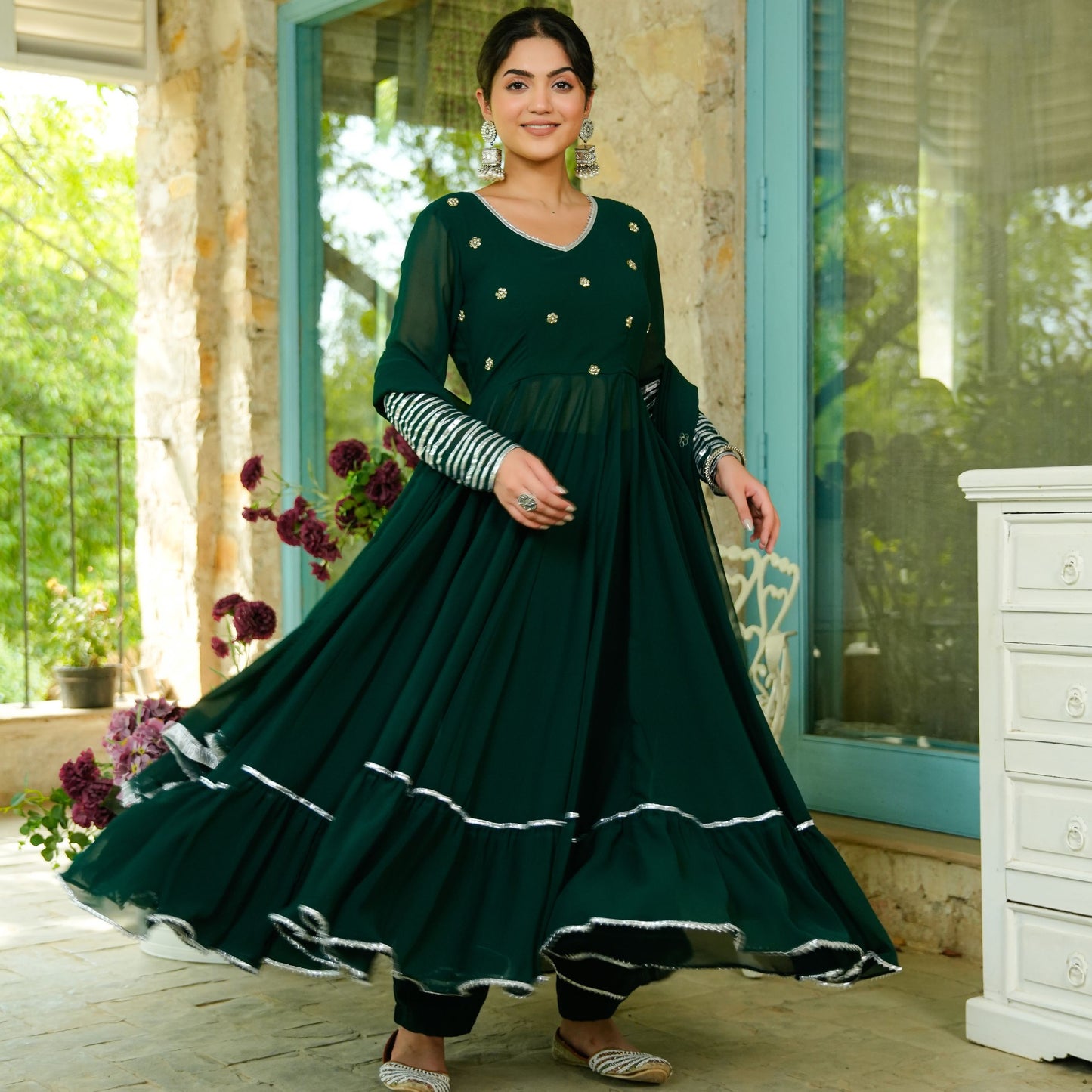 Teej Green Aari Work Anarkali Suit Set