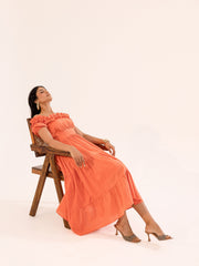 Coral Orange Off-Shoulder Ruffle Tiered Midi Dress