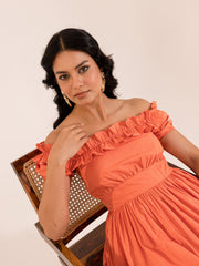 Coral Orange Off-Shoulder Ruffle Tiered Midi Dress
