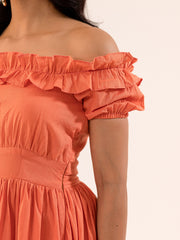 Coral Orange Off-Shoulder Ruffle Tiered Midi Dress