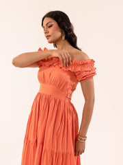 Coral Orange Off-Shoulder Ruffle Tiered Midi Dress